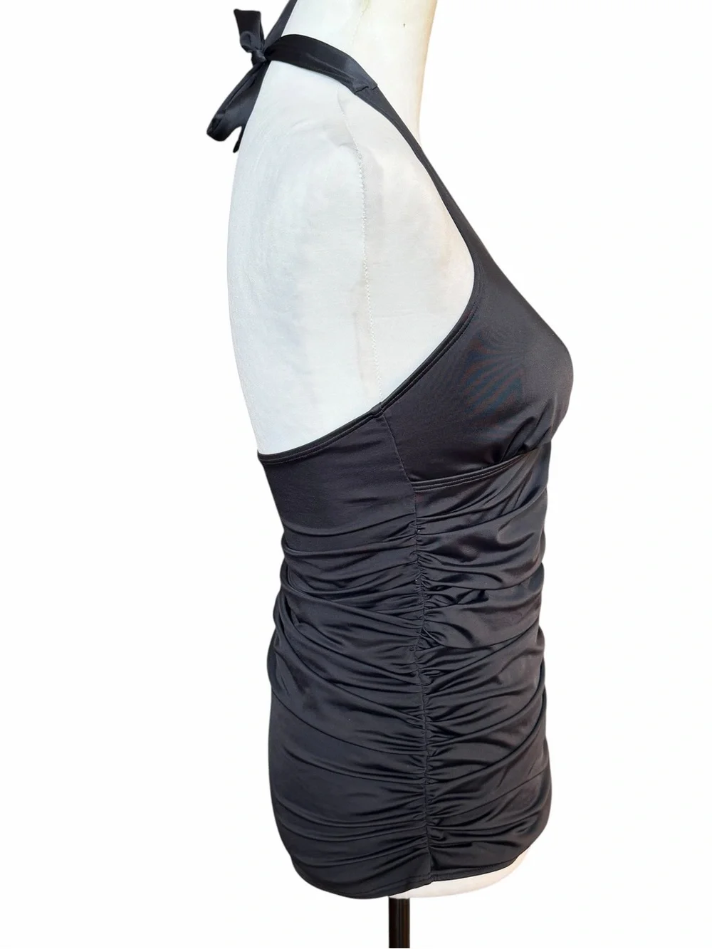 SPANX Tankini Swim Top Size 8 Black Halter Neck Ruching Beach Vacation Summer